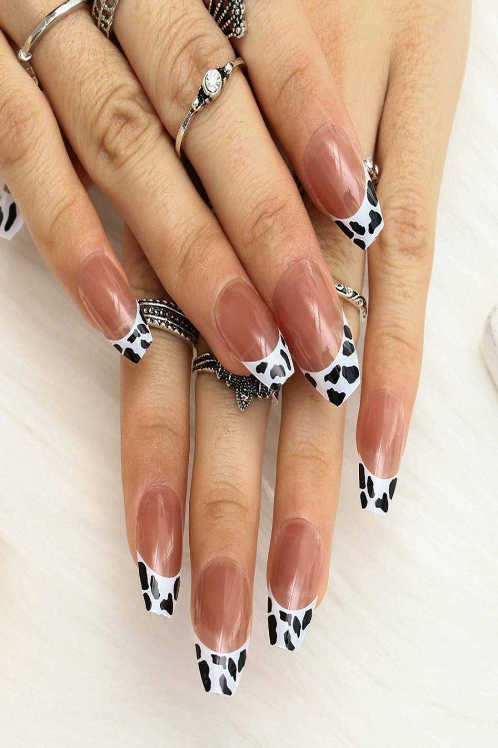 white and black cow print french tip press on nails nails medium coffin |  eBay